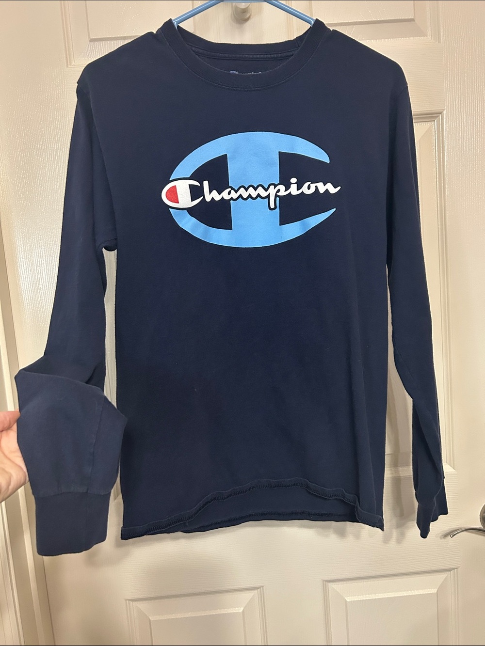 Champion Boys Navy Long Sleeve Tee with Light Blue Logo